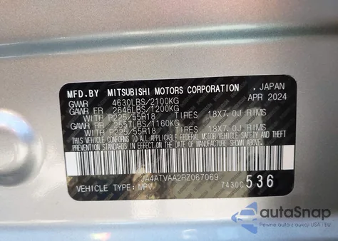 2024 Mitsubishi Eclipse Cross Black Edition S-Awc/Le S-Awc/Ralliart S-Awc/Se S-Awc z USA, uszkodzony, nr VIN JA4ATVAA2RZ067069